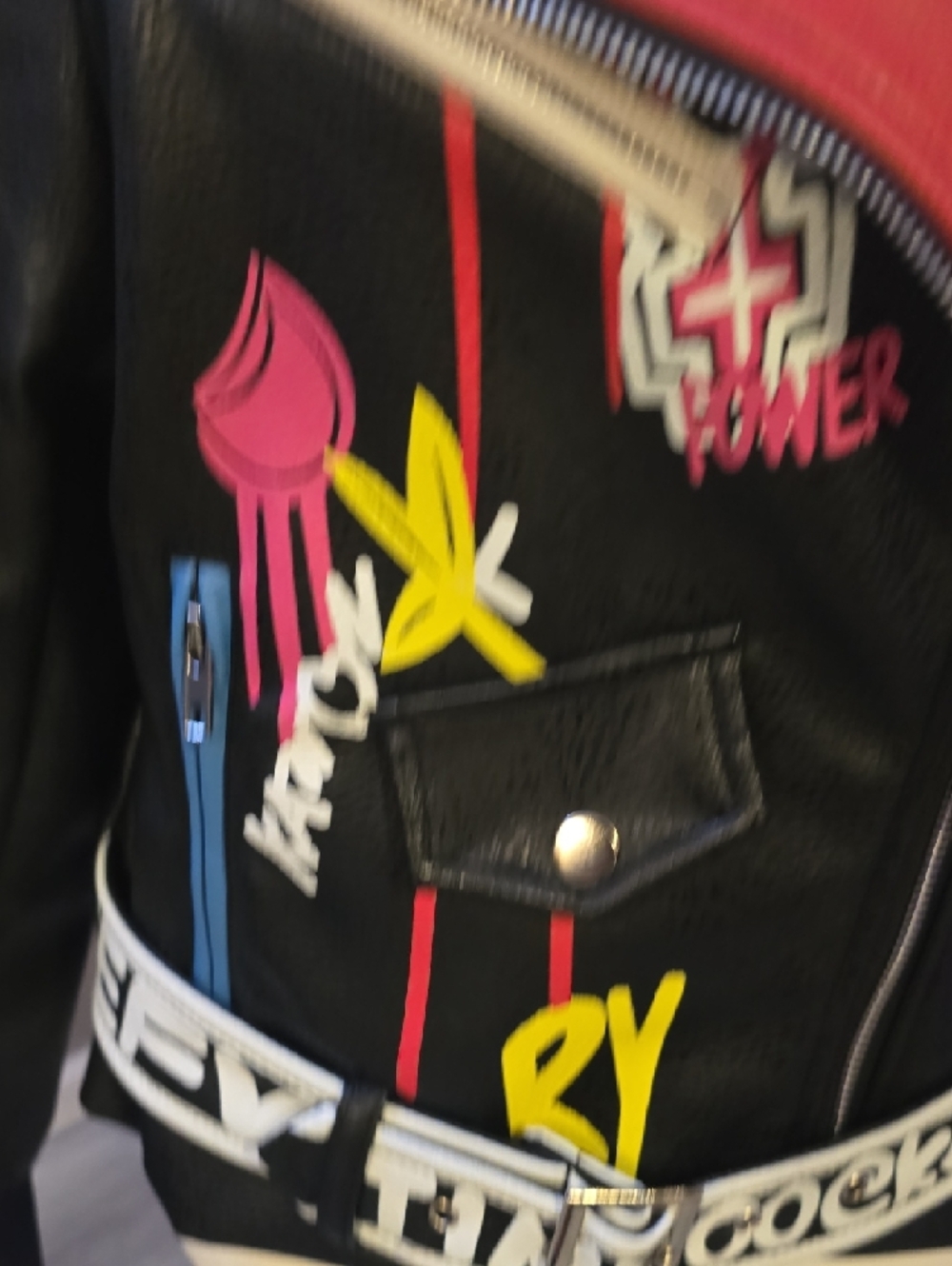 Painted Black Leather Biker Jacket with Multicolor Graffiti Accents - Picture 9 of 14